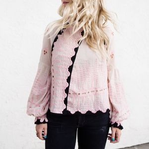 Free People Mock Nexk Embroidered Top